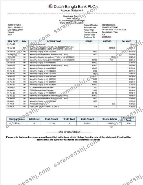 Bangladesh Dutch Bangla Bank Limited account statement Word and PDF template